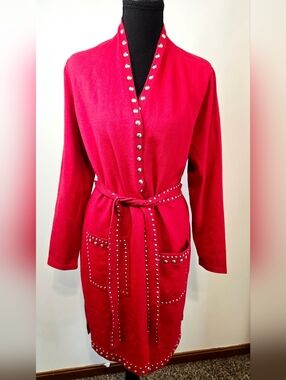 INC Studded Sweater Dress Red Belted Cardigan Duster L Statement